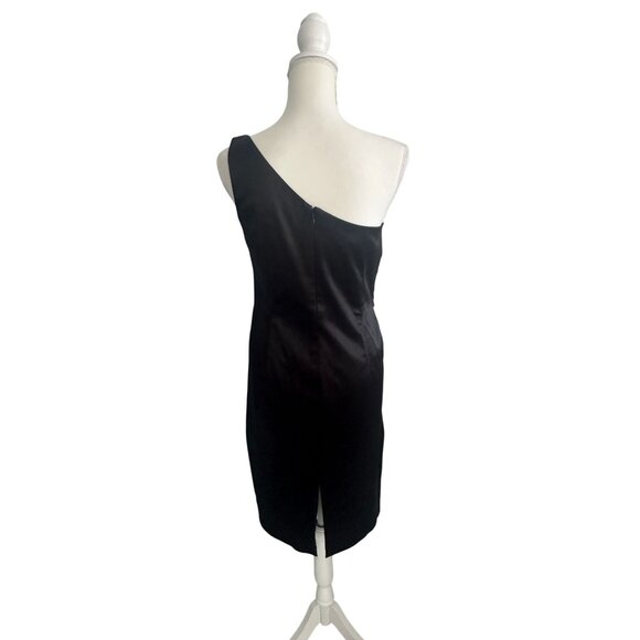DAVID MEISTER Black Satin One Shoulder Cocktail Dress Size 8 - Picture 2 of 11
